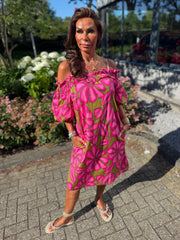 Offshoulder jurkje “Selina” fuchsia/groen