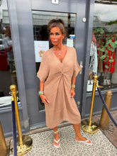 Linnen jurk knoop Camel