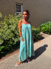 Streepjurk spaghettibandjes ruches Turquoise