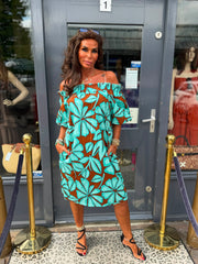 Offshoulder jurkje “Selina” Turquoise