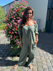 Linnen Offshoulder jumpsuit "Annie" Legergroen