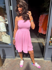 Strapless wafel jurk "Amalia" roze