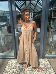 Spaghetti jurk broderie ibiza Camel
