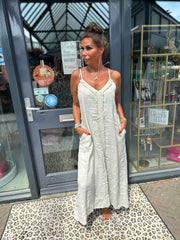 Spaghetti jurk broderie ibiza beige