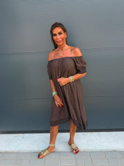 Off-shoulder jurkje “Viscose” bruin