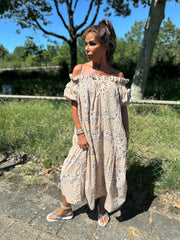 Lange off shoulder jurk "Tapas" Beige