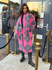 Lange jas met sjaal “Candy” roze/grijs