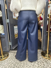 Leatherlook wide leg broek "Donkerblauw