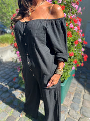 Linnen Offshoulder jumpsuit "Annie" Zwart