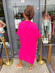 Linnen jurk knoop Fuchsia