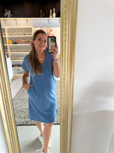 Badstof jurk split Jeansblauw