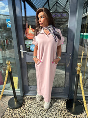 Lange jurk polokraag Poederroze