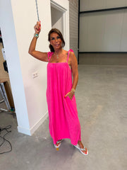Badstof jurk "Fuchsia”. Spaghettibandjes