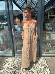 Spaghetti jurk broderie ibiza Camel