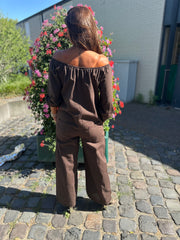 Linnen Offshoulder jumpsuit "Annie" Donkerbruin