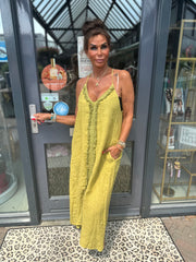 Spaghetti jurk broderie ibiza limegroen