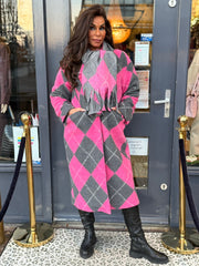 Lange jas met sjaal “Candy” roze/grijs