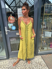 Spaghetti jurk broderie ibiza limegroen