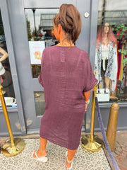 Linnen jurk knoop Aubergine