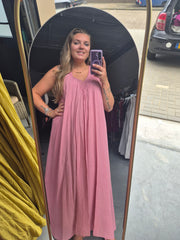 Lange jurk v-hals "kant" oud roze