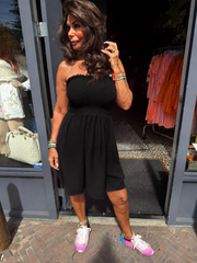 Strapless wafel jurk "Amalia" zwart