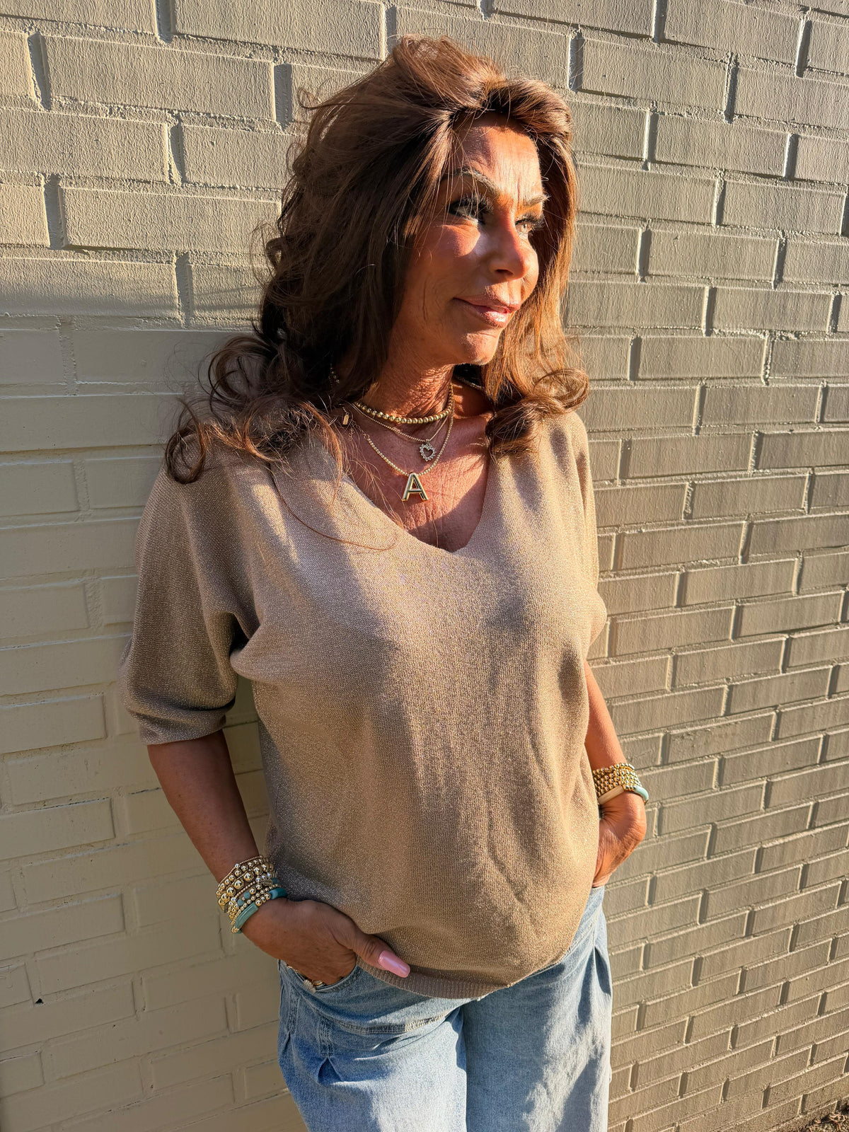 Truitje glitter v-hals taupe