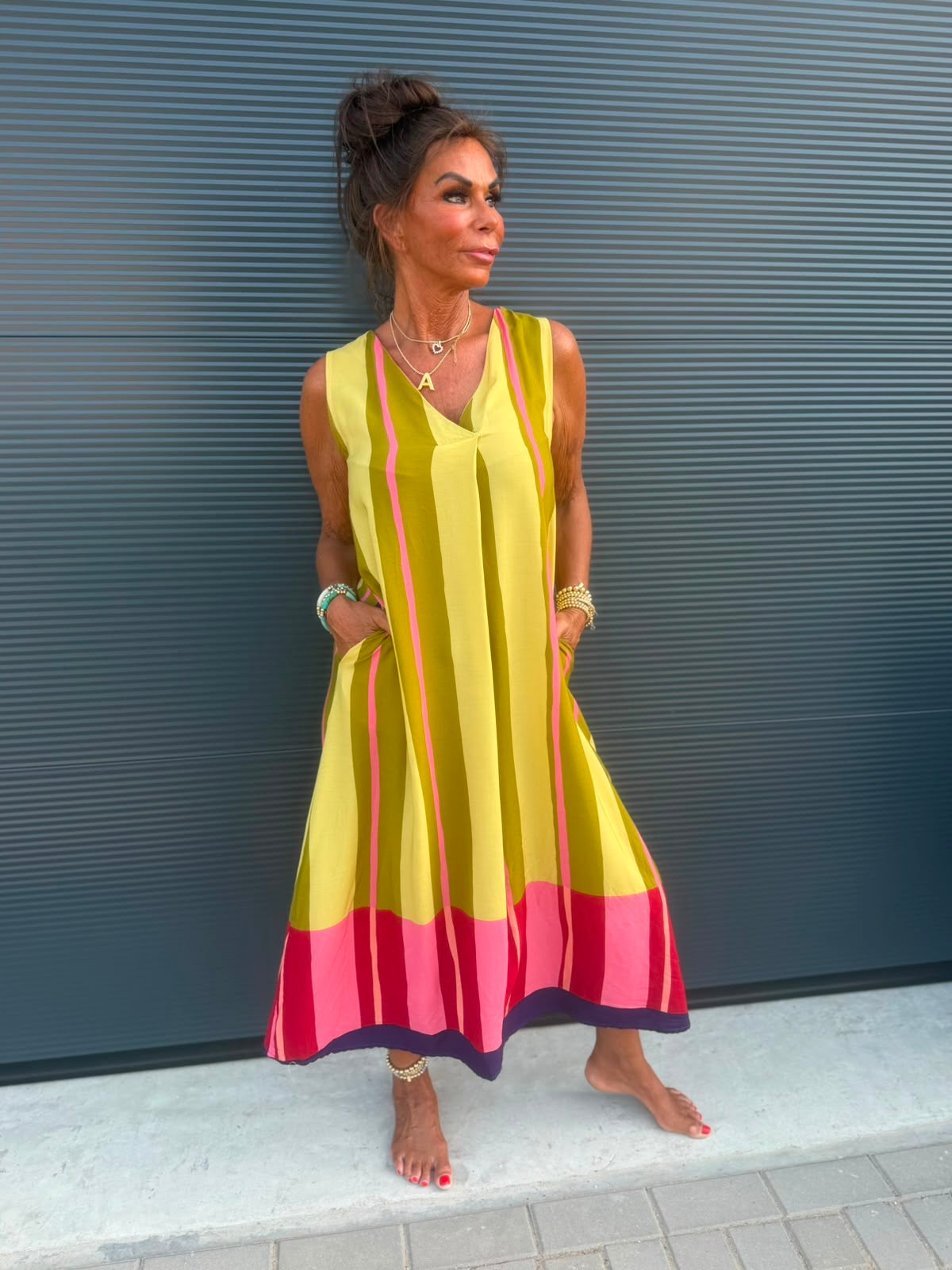 Viscose stripe jurk limegroen