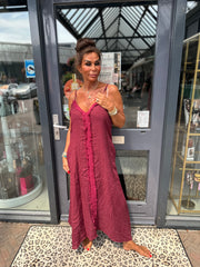 Spaghetti jurk broderie ibiza wijnrood