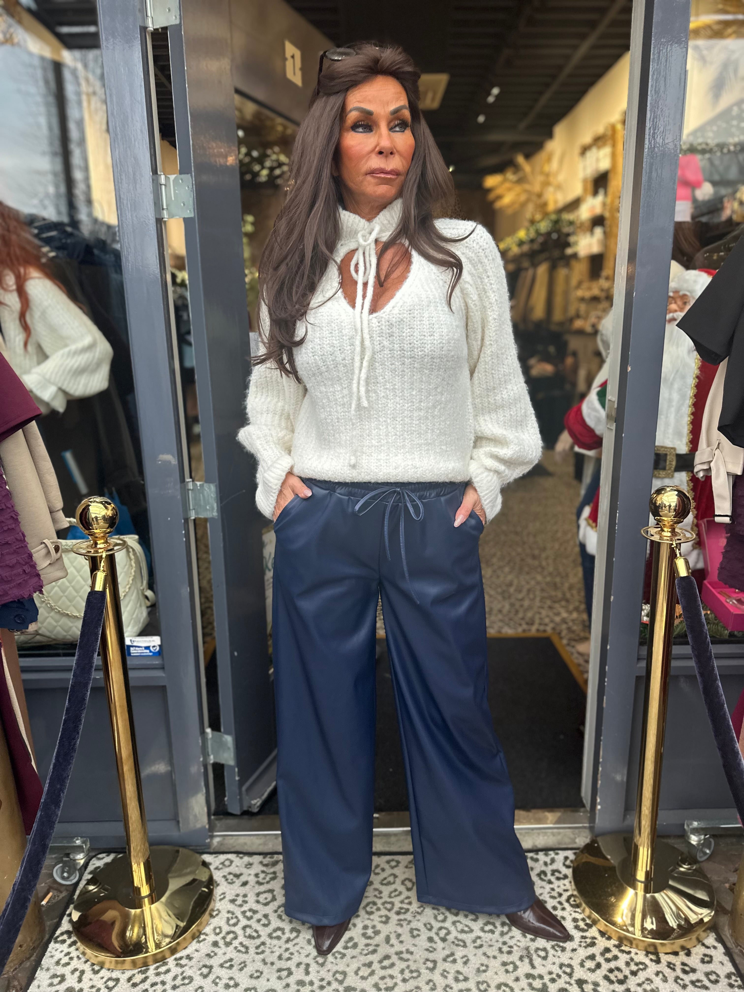 Leatherlook wide leg broek "Donkerblauw