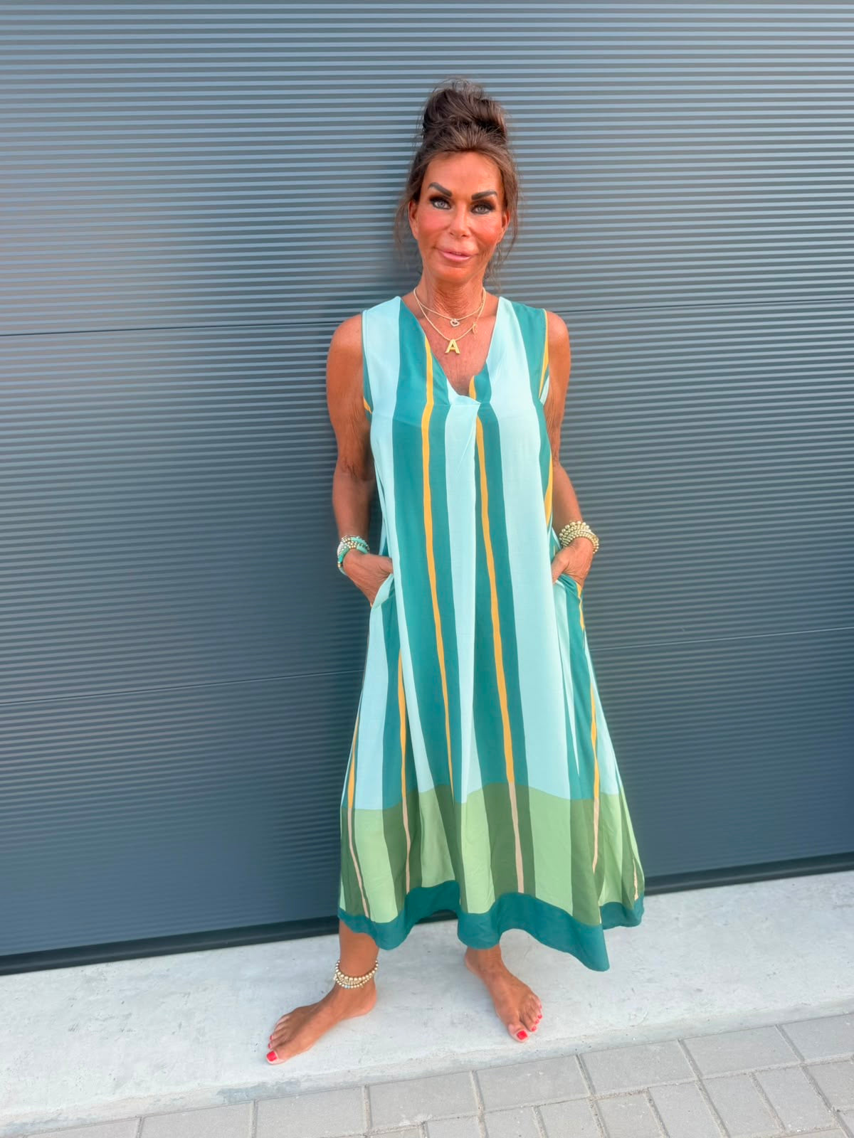Viscose stripe jurk Turqoise
