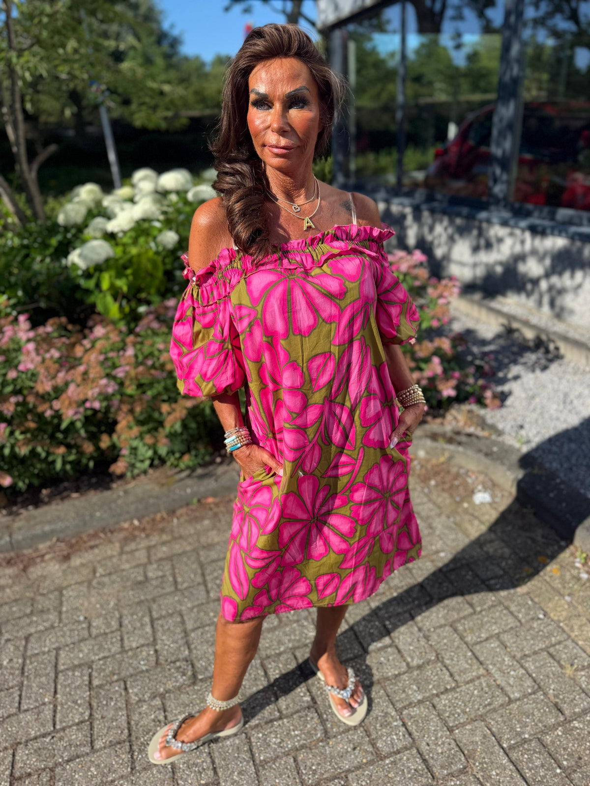 Offshoulder jurkje “Selina” fuchsia/groen