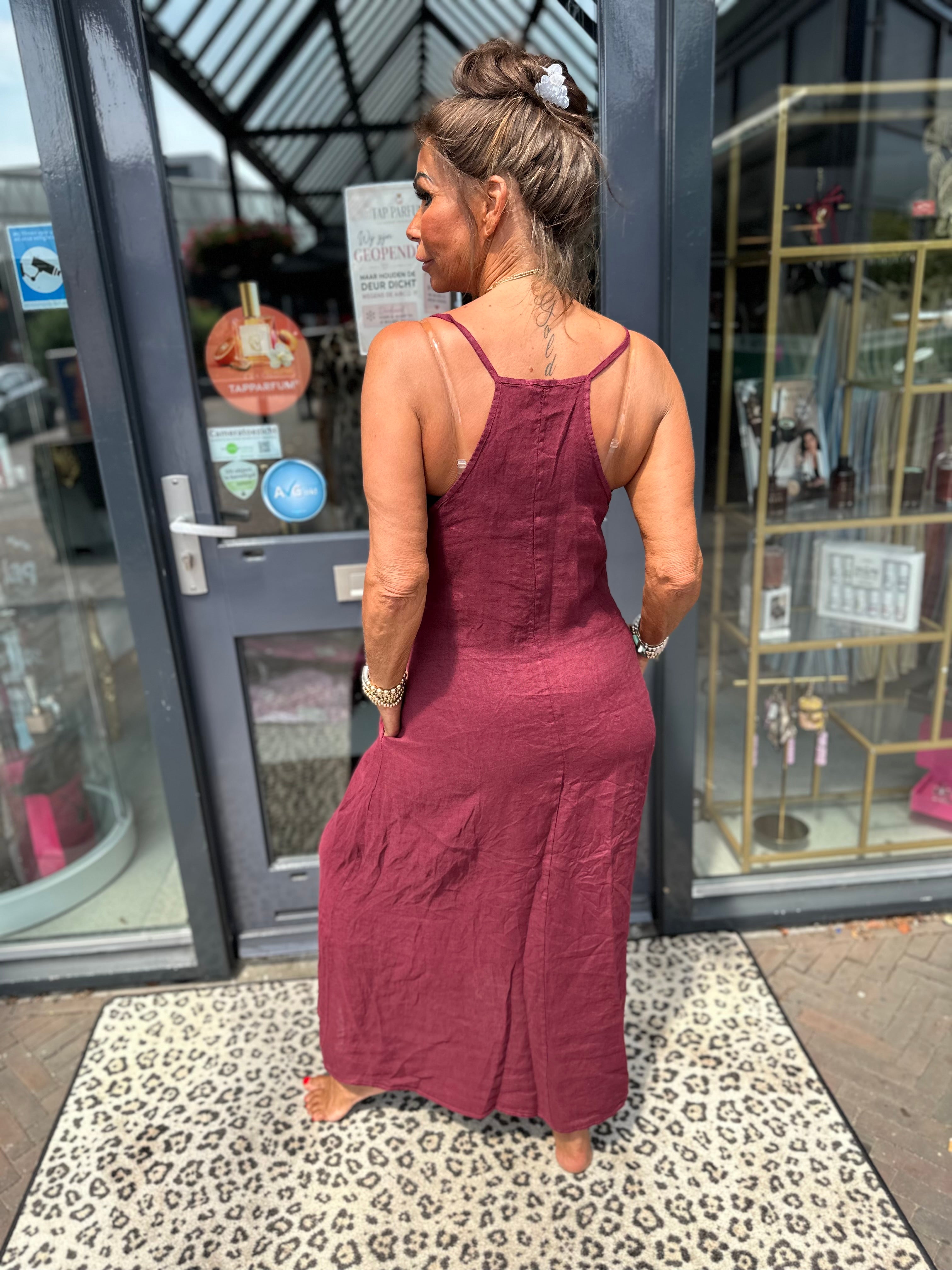 Spaghetti jurk broderie ibiza wijnrood