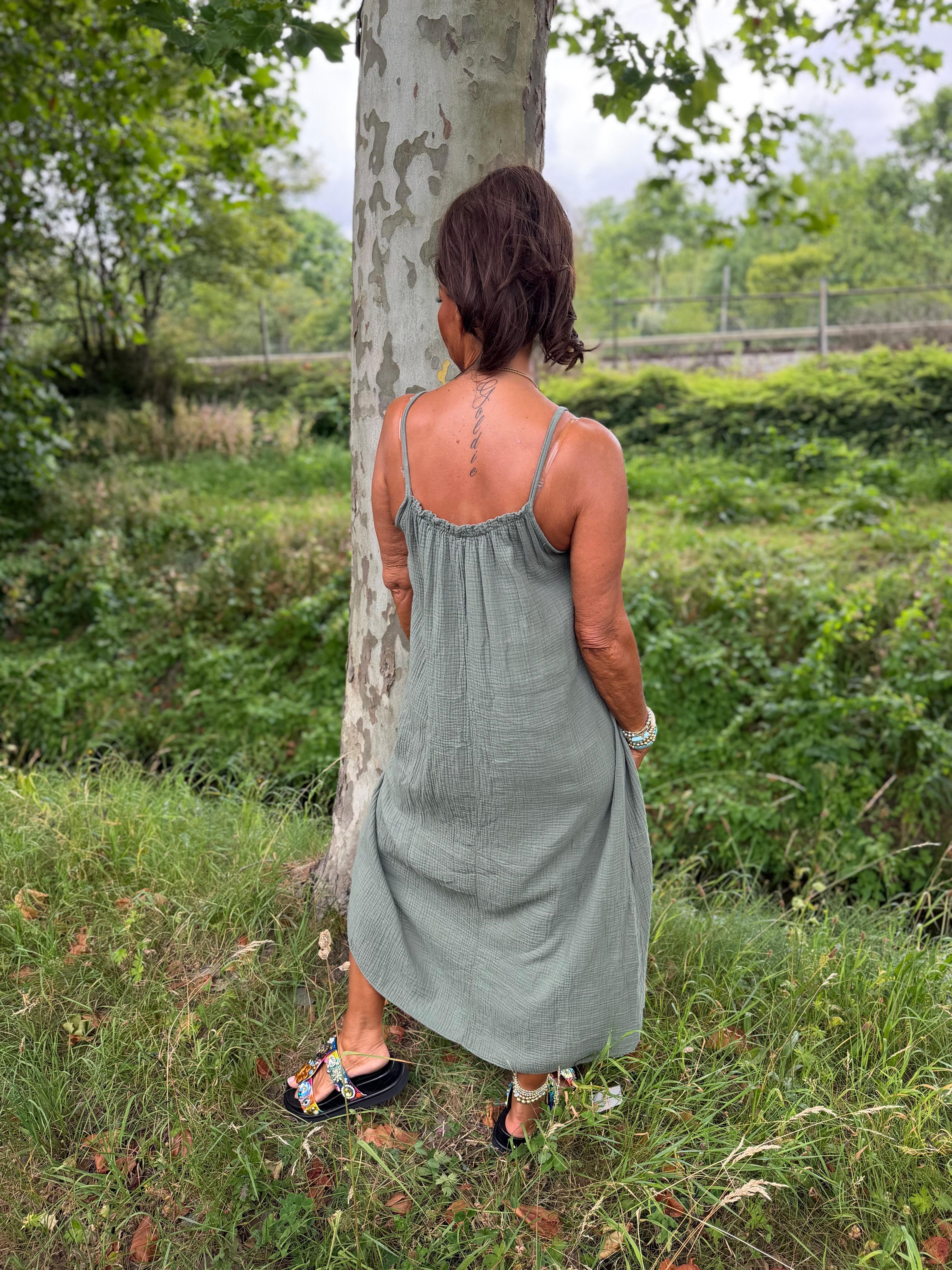 Maxi-jurk met spaghettibandjes "pony" groen