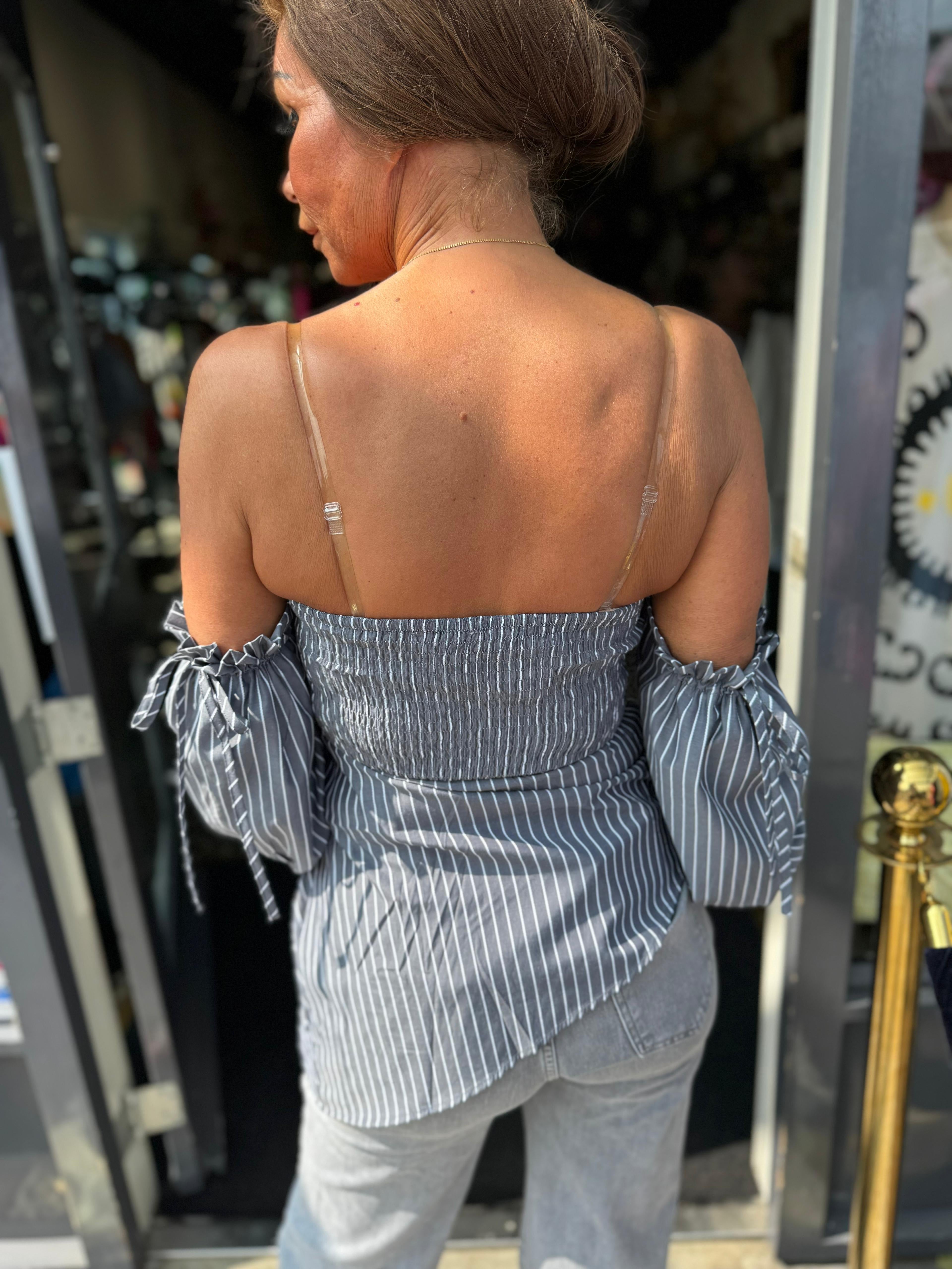 Top “Lynn” pofmouw offshoulder Grijs