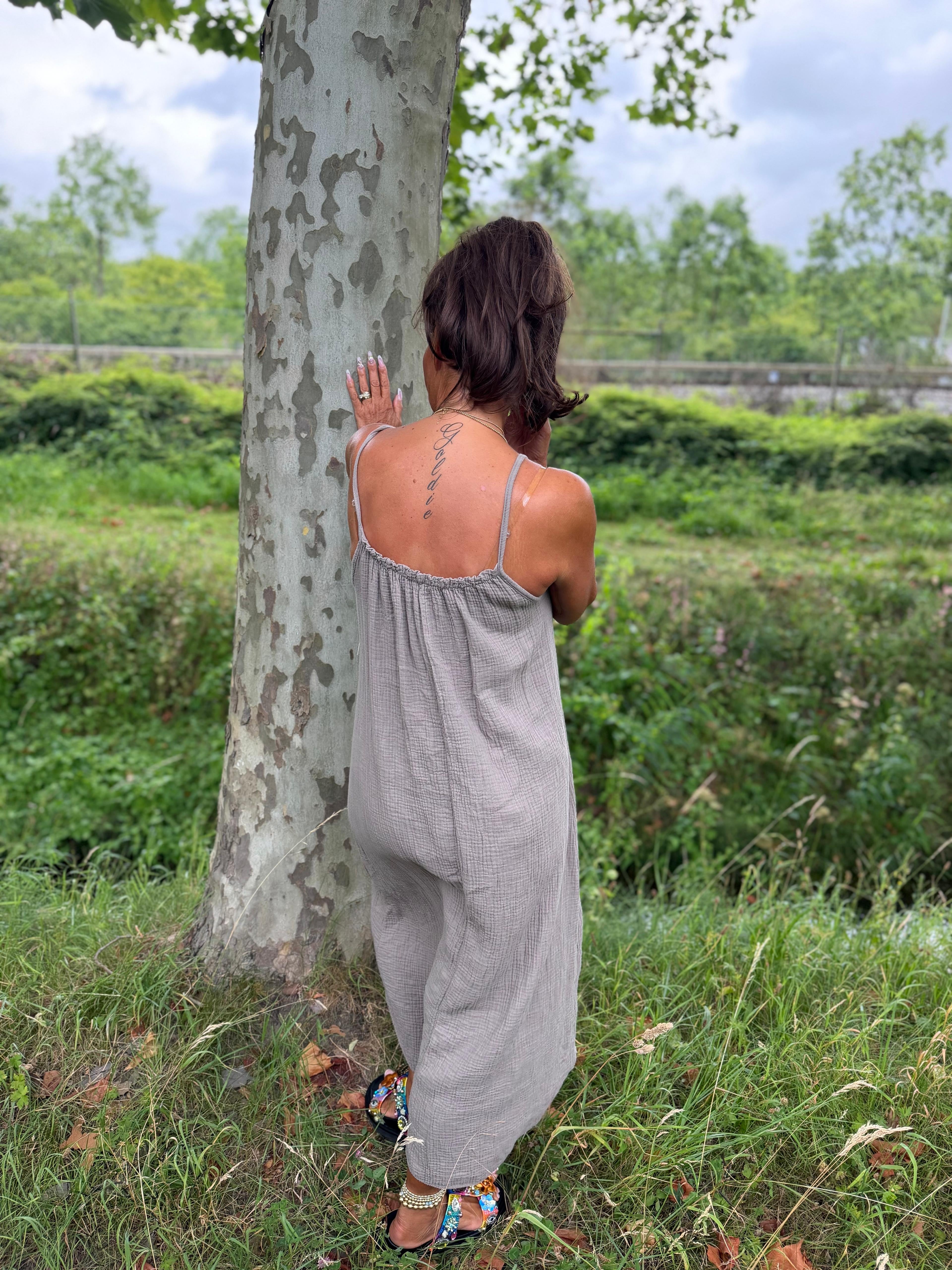 Maxi-jurk met spaghettibandjes "pony" taupe