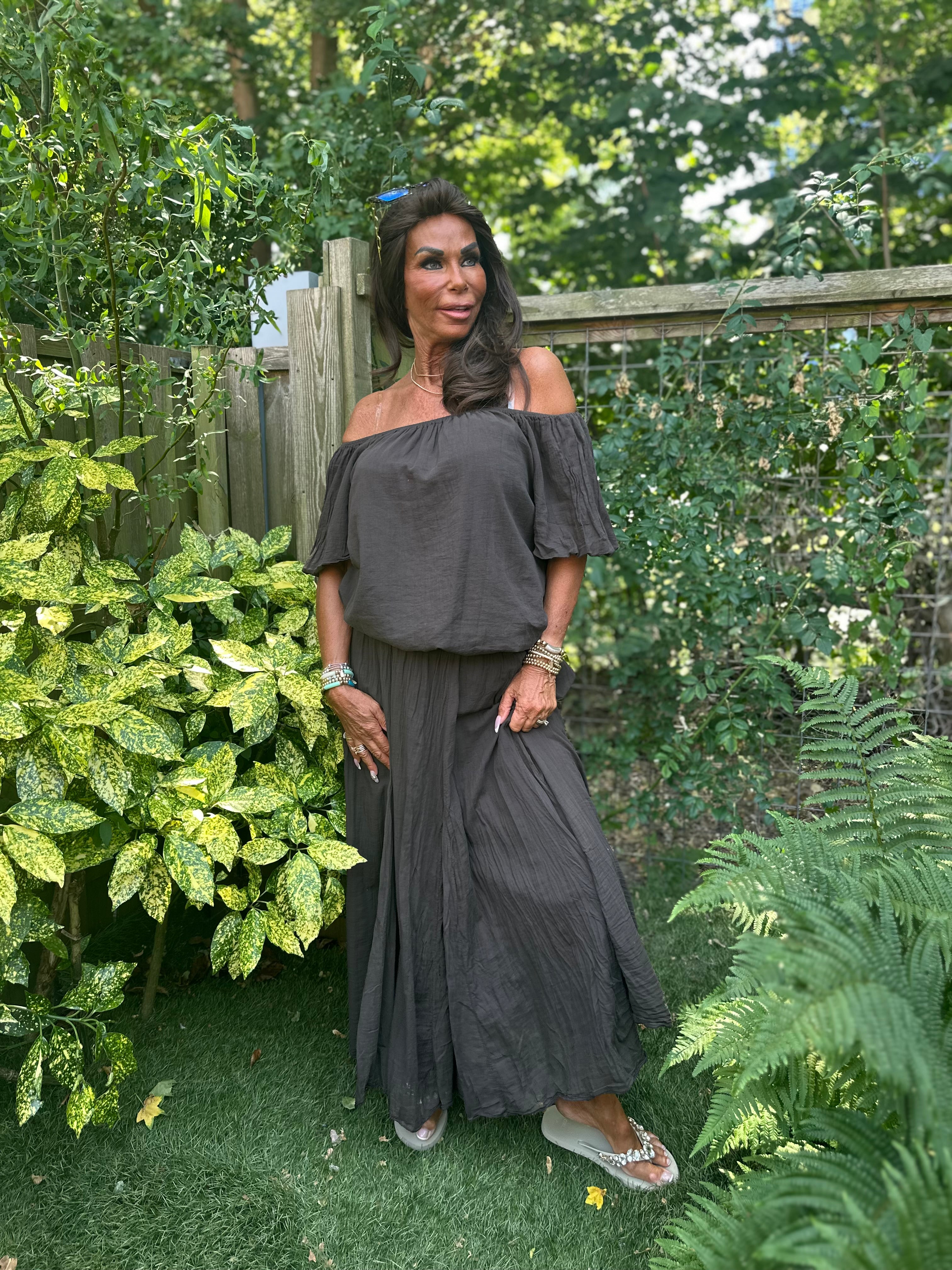 2 delig set lange rok en top "Lina" donkerbruin