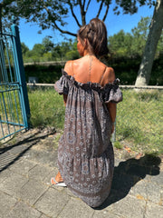 Lange off shoulder jurk "Tapas" donkerbruin