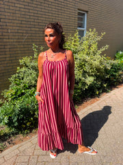 Streepjurk spaghettibandjes ruches Bordeaux