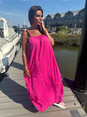 Lange jurk spaghettibandjes "Sol" fuchsia