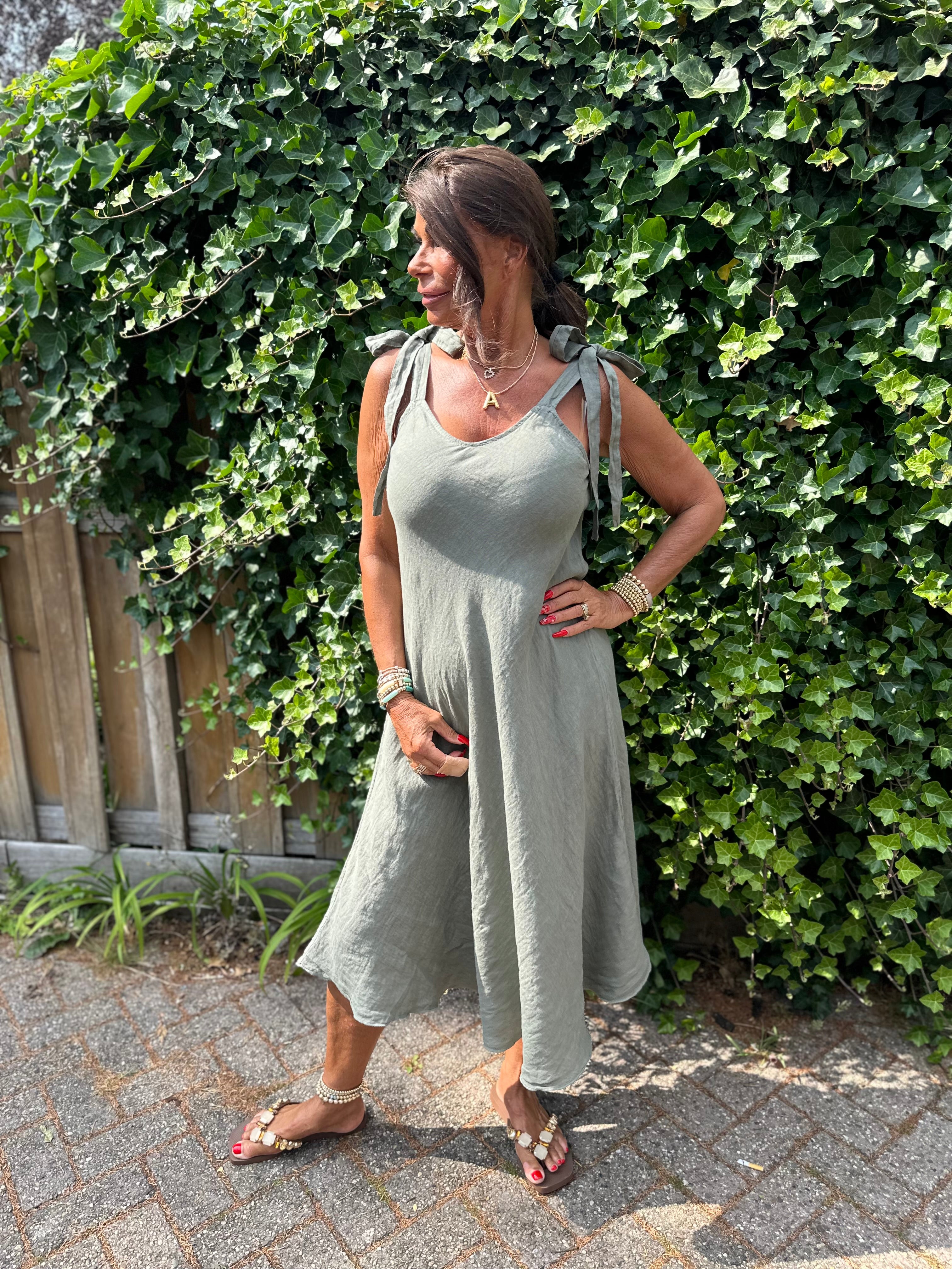 Linnen jurk Ribbon legergroen