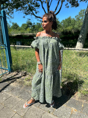 Lange off shoulder jurk "Tapas" Legergroen
