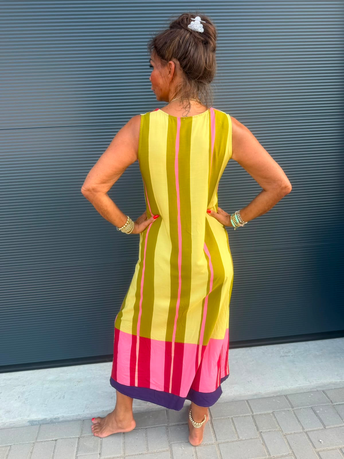 Viscose stripe jurk limegroen