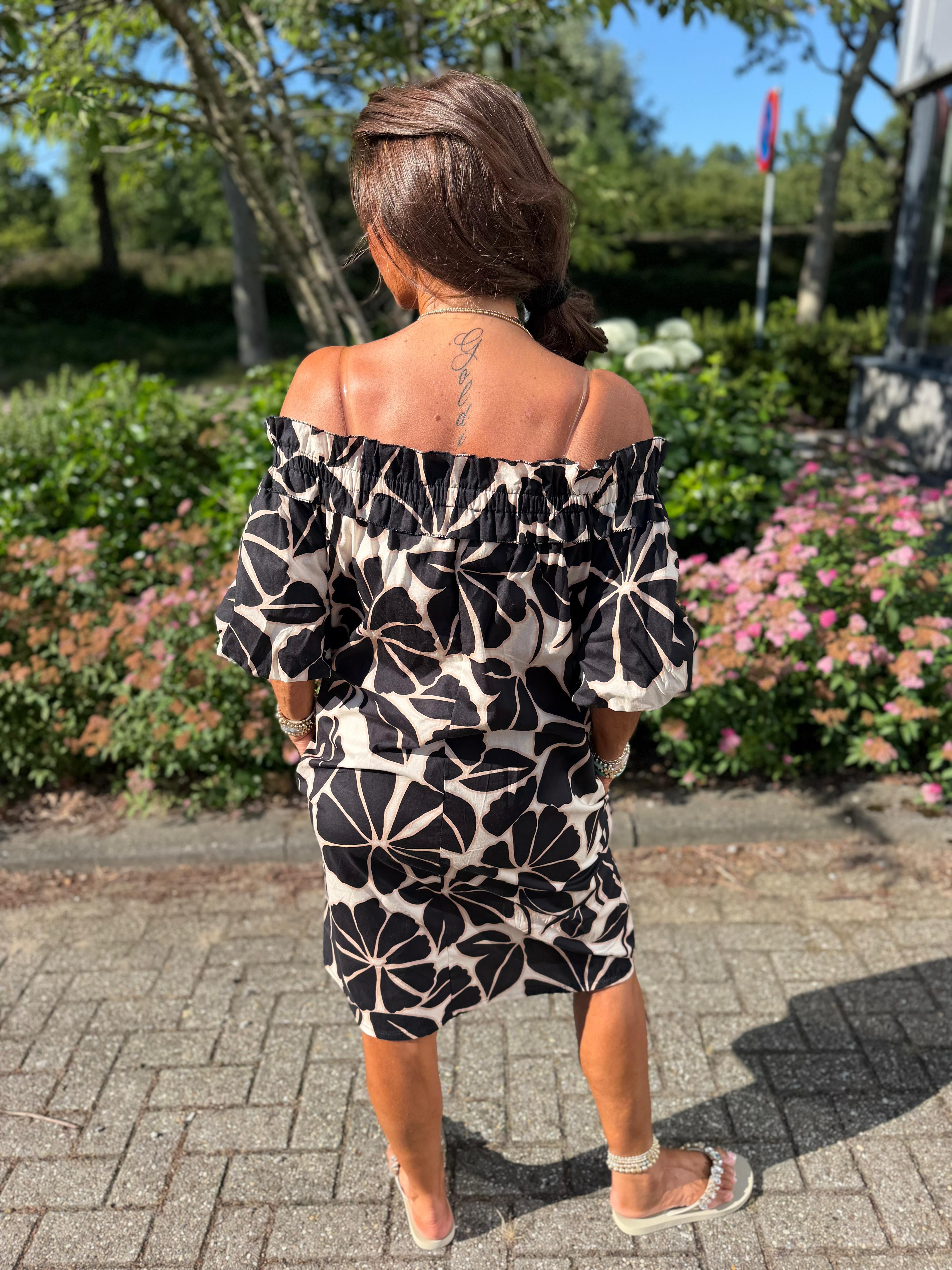 Offshoulder jurkje “Selina” zwart/beige