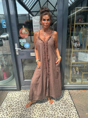 Spaghetti jurk broderie ibiza chocobruin