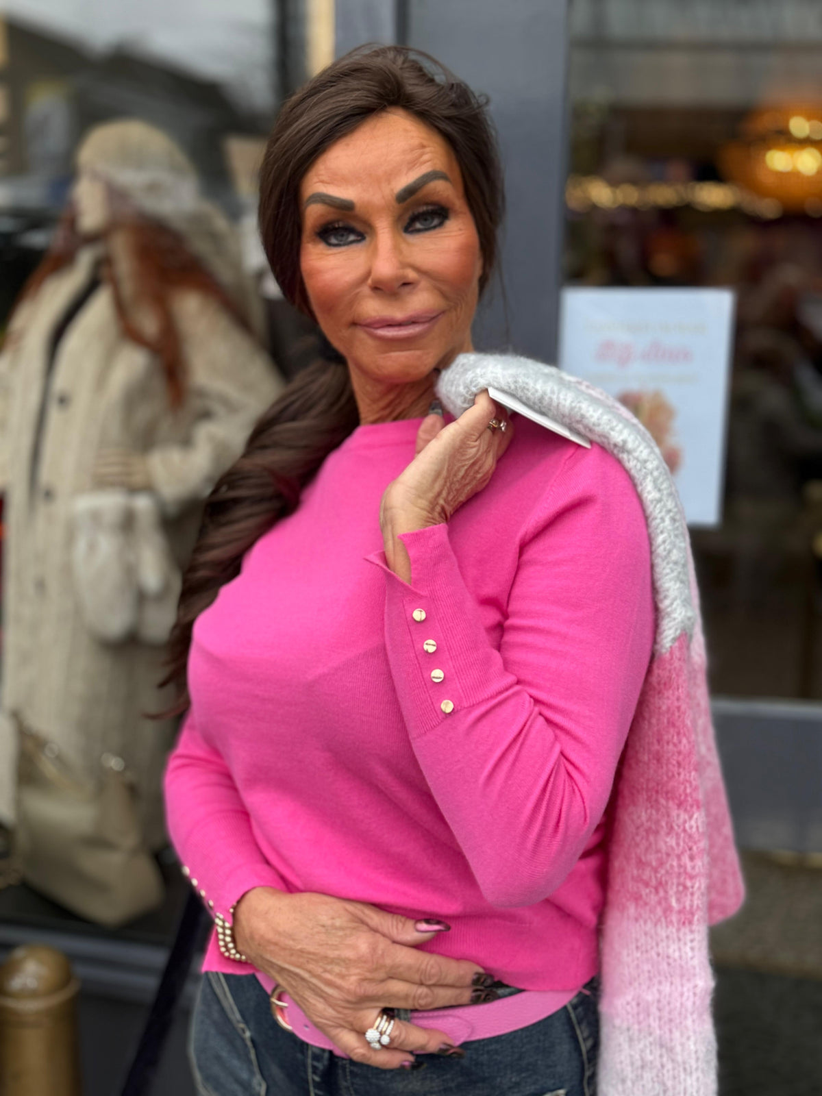 Lange mouwen top "beauty button" Fuchsia