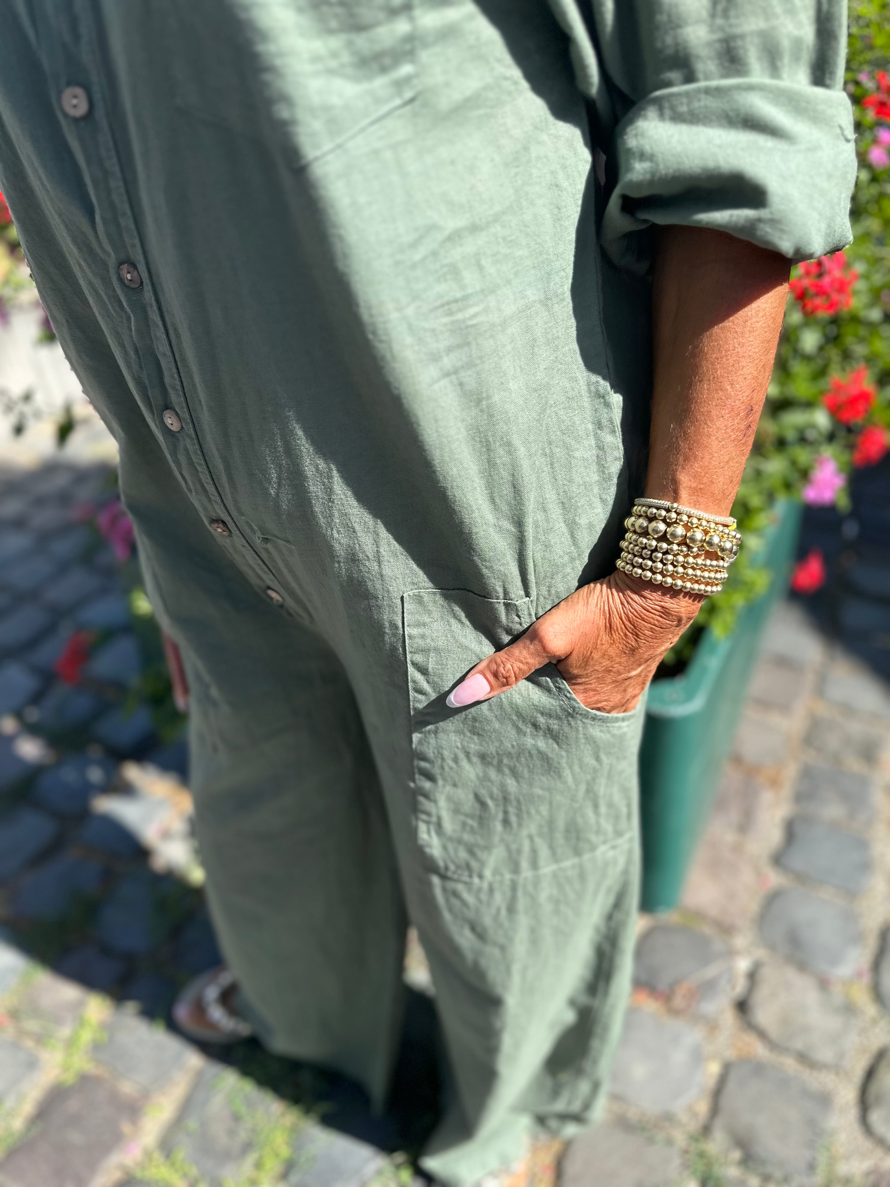 Linnen Offshoulder jumpsuit "Annie" Legergroen