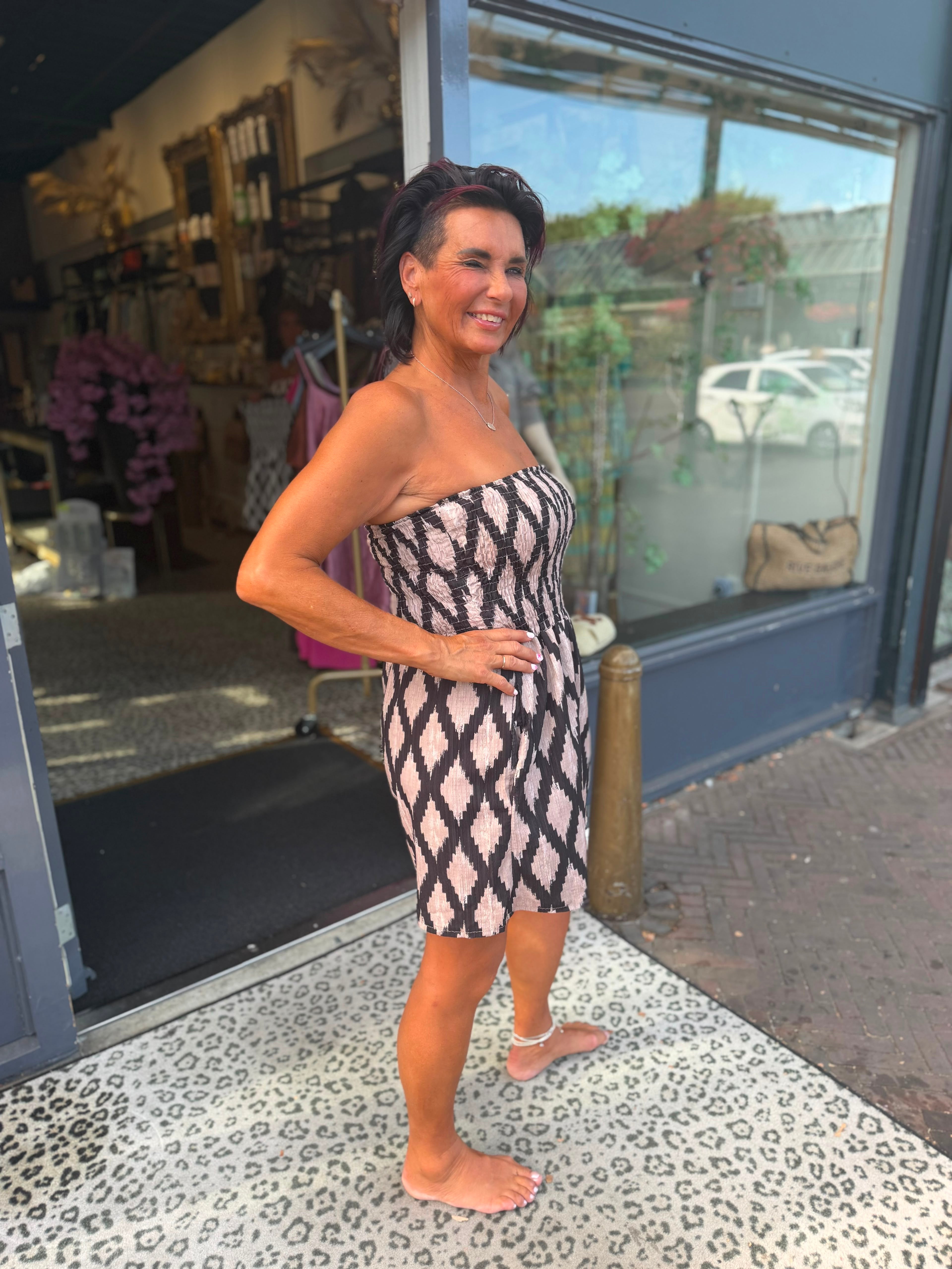 Korte jumpsuit zigzag bruin