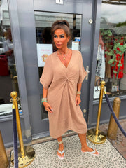 Linnen jurk knoop Camel