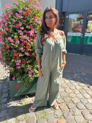 Linnen Offshoulder jumpsuit "Annie" Legergroen