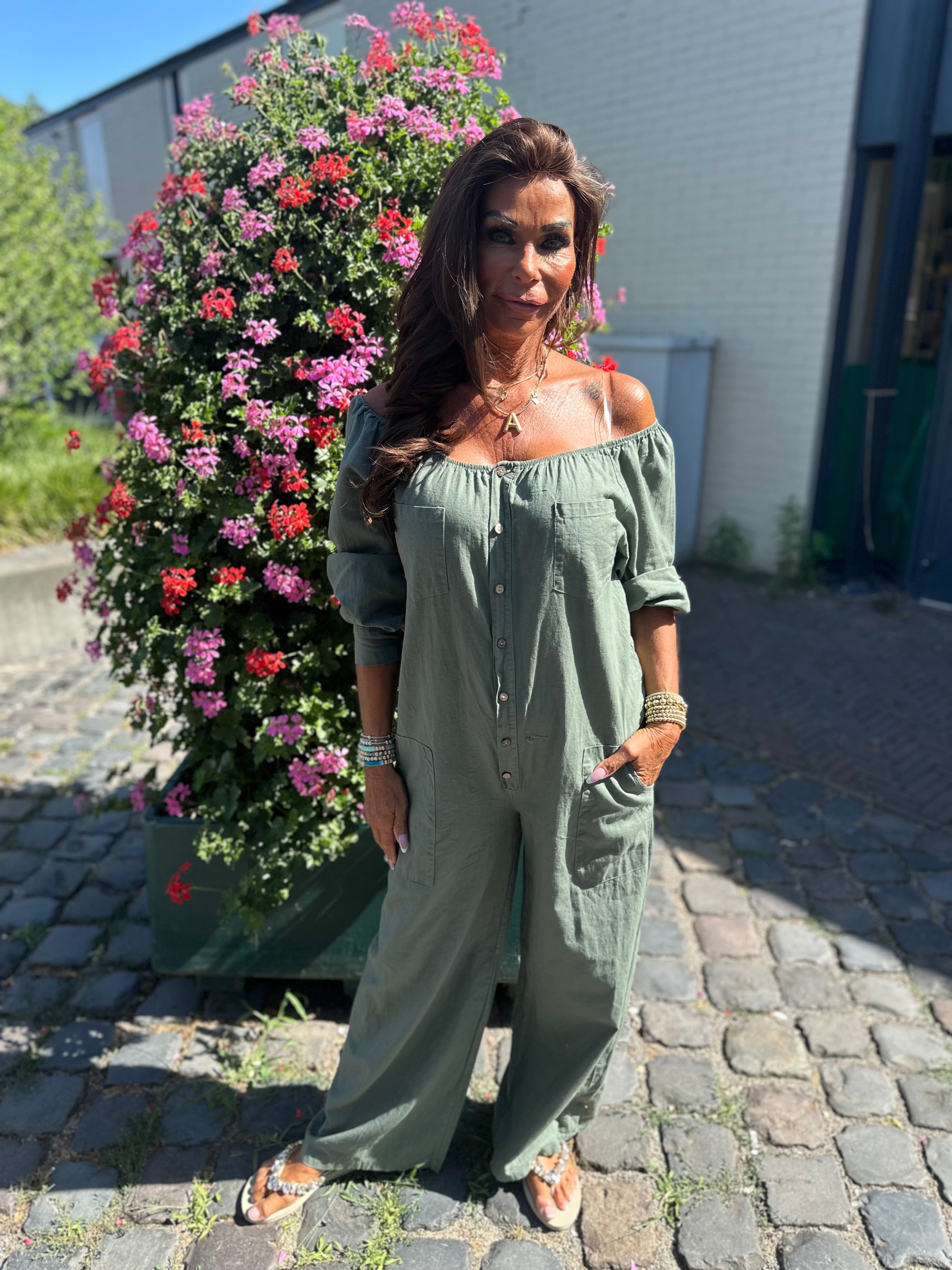Linnen Offshoulder jumpsuit "Annie" Legergroen